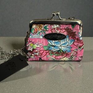 Ed Hardy Pink Floral Tattoo Print Clutch Wristlet